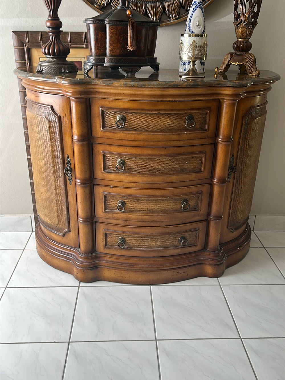Curved Brown Console Cabinet with Ring-Pull Hardware